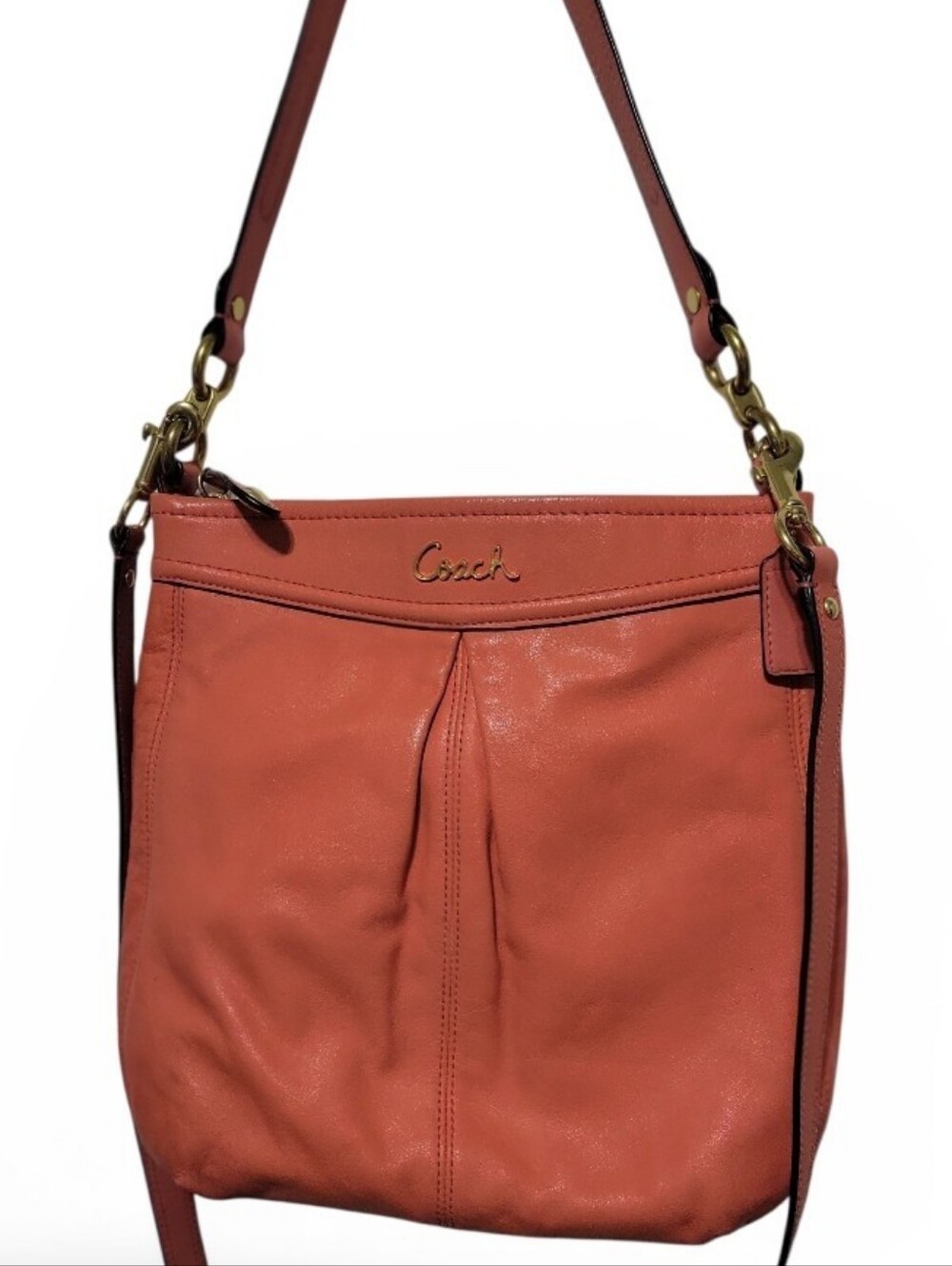 Auth COACH #F20114 Ashley Salmon Leather Convertible Hobo Bag w/Detachable Strap